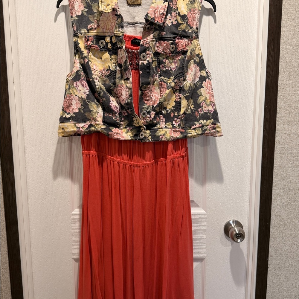 Lane Bryant Coral Beaded Neck Sleeveless Dress 18/20 Stretch Flowy Midi Plus